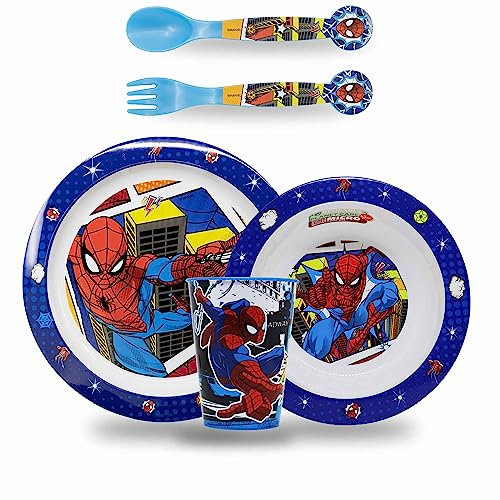 Sorrisini Ensemble de vaisselle pour enfant, Vaisselle réutilisable pour enfants, Services pour Enfant et adapté au micro-ondes, Set de table pour enfant, assiette et bol, couverts tasse, Spiderman