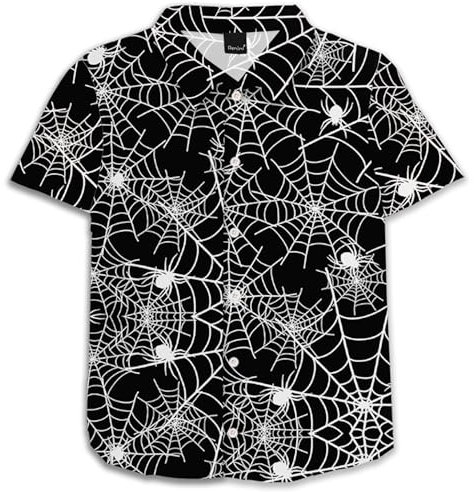 Remimi Unisex Kinder-Weihnachtshemd, Urlaub, hässliche Hawaii-Oberteile, kurzärmelig, mit Knopfleiste, 5–14 Jahre, Spinnennetz schwarz, 7-8 Jahre