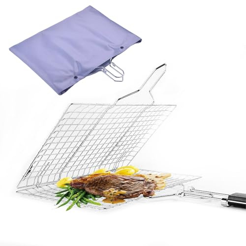 Grill Baskets Fish Grilling Basket for Outdoor Grilling Barbecue Stainless Steel Folding Grill Accessories with Removable Handle, Grill Basket for Bar, Camping, Picnics & Parties. Amazing Grill
