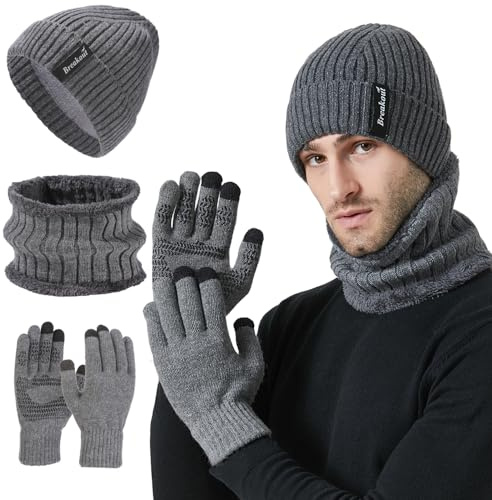 FUBABCO Winter-Set: Mütze, Schal und Touchscreen Handschuhe für Herren - Warm Beanie, Loop Schal, Thermo Handschuhe mit Fleecefutter für Ski - 3-in-1 Strickmütze und Winterschal