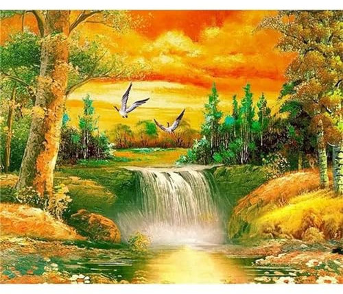 Yoonqun Malen Nach Zahlen Erwachsene,Herbst-Wald-Landschaft DIY Ölgemälde auf Leinwand Erwachsene Kinder Ölgemälde Kit mit Pinseln und Acrylfarbe für Home Décor (mit Rahmen) 60x75cm