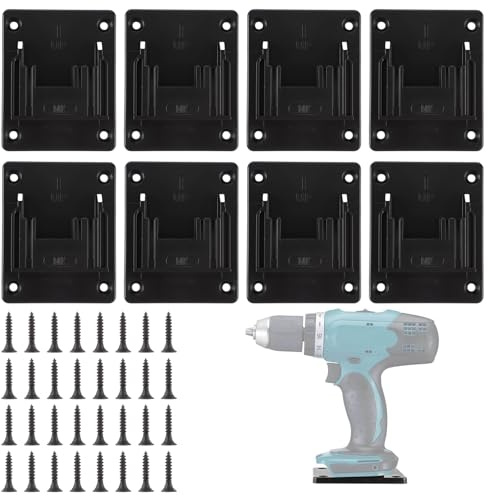 APACALI 8 Stück Wandhalterung Werkzeughalter für makita 18V, Bohren Elektrowerkzeuge Bohrerhalter, Batteriehalter mit 32 Schrauben, Maschinenhalter Werkstatt Speicherung, Schwarz, 14.4-18V