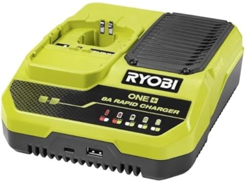 RYOBI 18 V ONE+ Akku-Schnellladegerät RC18180, 8,0 A Ladestrom lädt einen 4,0 Ah Akku in weniger als 30 Minuten, USB-C- und USB-A-Ladeanschlüsse zum bequemen Aufladen Anderer Geräte