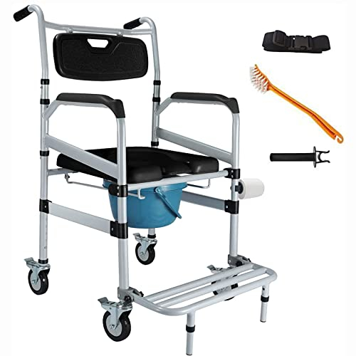 OLSKFUH Duschrollstuhl, Duschstuhl mit Rädern, Sitzhöhenverstellung, Abnehmbares Pedal und Eimer, Duschrollstuhl für Senioren und Behinderte