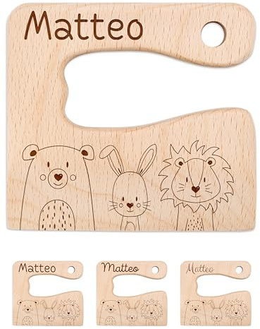 wunderwunsch® - Personalisiertes Montessori Kinder Messer mit Gravur - Sicheres Holz Baby Besteck mit abgerundeten Kanten - Geburtstag Baby Geschenk (Tiere Schriften)