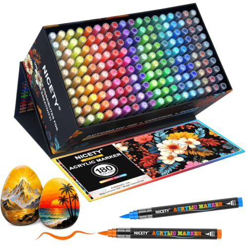 NICETY 180 Colors Acrylic pens - Brush Markers for Painting on Stone, Wood, Glass, Ceramics - Brush Tip 1-6mm, Water Based Acrylic Markers for Adults