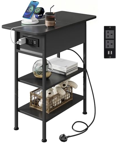 WLIVE Side Table with Charging Station, 3-Tier End Table with Drawer, Slim Bed Side Table with Flip Top, USB Ports and Outlets for Living Room, Bedroom, 30x60x62cm, Black