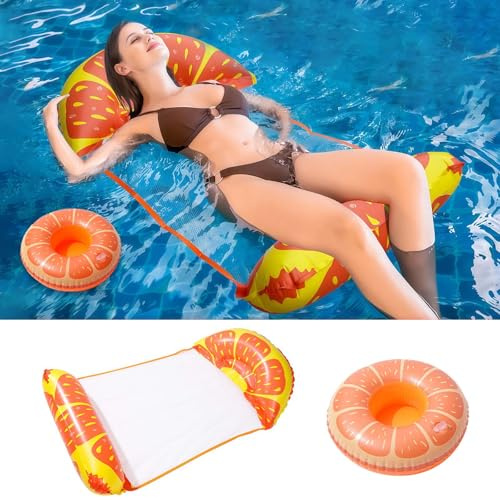 WIKIMO Aufblasbare Luftmatratze Pool mit Becherhalter, 137x70cm Luftmatratze Wasser für Erwachsene, Wasserhängematte mit Netz, Pool Zubehör Spaß (Orange)