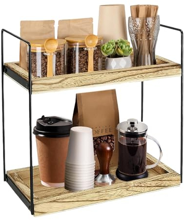 Ausune 2-Tier Coffee Station Organizer for Countertop, Wooden Coffee Bar Accessories Storage Shelf, Multi-Purpose Kitchen Condiment Holder for Bathroom, Kitchen & Home Decor