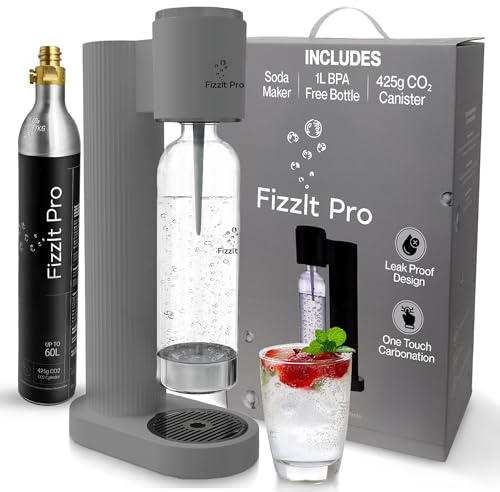 FizzIt Pro - Soda Maker Machine, grey - Easy One-Touch Sparkling Water Maker with Reusable 1L BPA-Free Bottle, 425g CO₂ Canister - No Power Required, Durable & Modern Design for Home Use