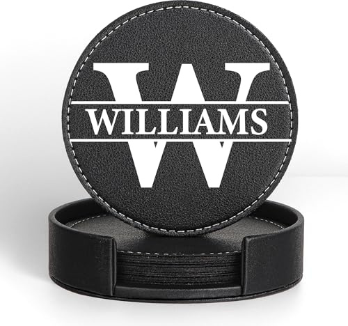 Personalisierte Lederuntersetzer, Individuelle Untersetzer mit Ständer (6er Set) mit Name, Foto, Logo, rutschfeste Hitzebeständige Getränkeuntersetzer für Bars, Cafés, Restaurants, Büros (Round)
