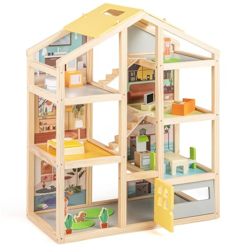 GOPLUS Maison de Poupee en Bois, Maison de Rêve à 4 Étages avec 24 Accessoires, 7 Chambres, 2 Figurines & 1 Chien de Compagnie, Jouet de Rôle pour Filles et Garçon de 3+ Ans