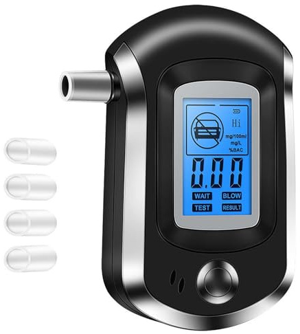 LIGBT Alkoholtester Tragbarer Promillemessgerät mit Digitaler LCD Anzeige und Halbleiter Sensorik mit 5 Mundstücke