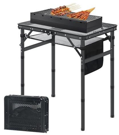 ZOESTORAGE Folding Camping Table,Metal Camping Table Great for Picnic,Beach,BBQ,Garden,Party,Grill Table with Mesh Desktop 60 x 40 x 26.5 cm (Adjustable Height),Black