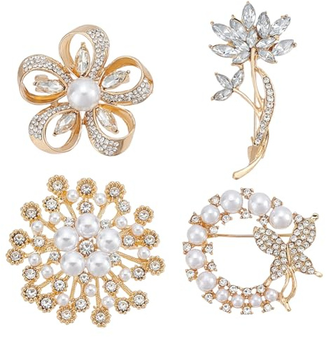 CRAFTYMELODY 4 pièce 4 styles de Broche en Strass et Perles Broche en Forme de Fleur Scintillante et Papillon en Alliage Platine Doré Accessoires pour Robe et Costume