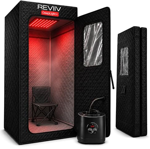 REVIIV DeepLight+ Boîte de sauna infrarouge pour la maison avec thérapie à la lumière rouge 660 nm et 850 nm, pliable et portable, cuiseur vapeur 1500 W + chaise, 180,3 cm de haut (convient à 1,8 m