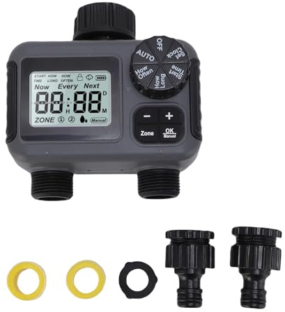 Fafeicy 2 Outlet Sprinkler Timer, Dual -Schlauch -Bewässerungs -Timer mit Regenverzögerung IPX5 für Rasengartenpool Programmiert