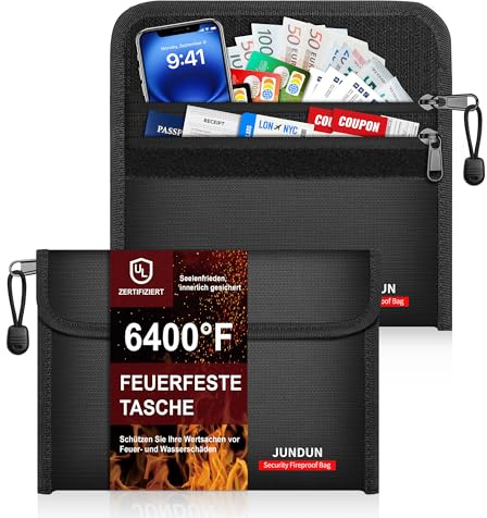 JUNDUN 2-pack brandsäker väska (21,5 x 15 cm, 6 400 ℉), 12-lagers värmeisolering | dubbelt fack med dragkedja, brandsäker plånbok, liten kontantpåse för sedlar, kontanter, kvitton, pass
