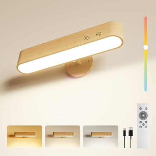 FULNIX 7500mAh Akku Wandleuchte Innen für Schlafzimmer, Kabellose Wandleuchte mit Fernbedienung und Touch, 360° Magnetische Drehung, 3 Farben Dimmbare Holz-Wandlampe mit 15 RGB-Farben