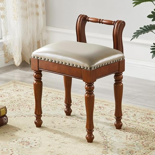 MEVZHH Elegante Cuero Vanidad Taburete Conjunto Tapiceado Piano Banco con Tallado Patas de Madera de Espalda Baja Silla de Maquillaje para la Belleza Y la Comodidad Dormitorio Y Vestuario