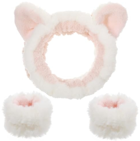 XLIUAX Haarband Schminken, Plüsch Katzen Ohren Gesicht Waschen Haarbänder Elastische Make up Stirnband mit Handgelenk Waschband für Damen und Mädchen Dusche Spa Yoga Abschmink (Weiß)