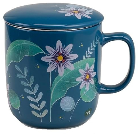 Generico Tazza Infusore per Tisane con Coperchio, Ceramica Blu con Motivo Floreale, 380 ml, con Filtro in Acciaio