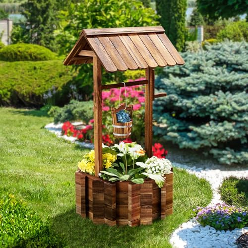 Aoxun Pflanztopf Wunschbrunnen Holz, Ziehbrunnen Pflanzenständer, Wunschbrunnen Pflanzkübel, 54 x 54 x 118 cm, Dekobrunnen für Garten, Gartenbrunnen Blumenkübel