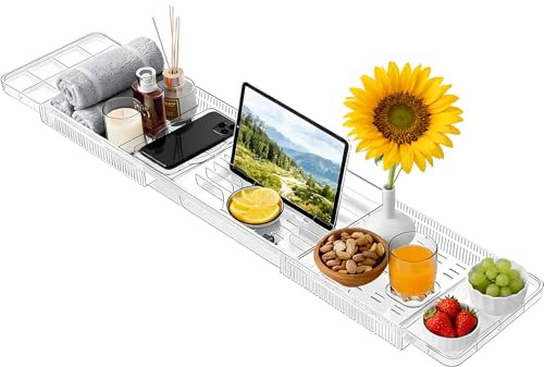 Bandeja Bañera con Portavasos y Ranuras, 58-81cm Bandeja de Bañera Transparente Extensible Antideslizante Multifuncional para Copas Vino, Colocar Móvil, Tableta, Productos Baño, Aperitivos y Bebidas