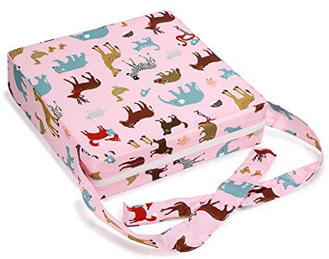 BTSKY Baby-Sitzerhöhung, abnehmbar, verstellbar, waschbar, mit Riemen, Esszimmerstuhl, erhöhtes Kissen, Reiseaufbewahrung (Rosa + Tier)