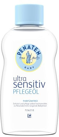 Penaten Ultra Sensitiv Pflegeöl 200 ml, schützendes Baby Massageöl und parfümfreies Babyöl für hochsensible, zu Neurodermitis neigende Babyhaut