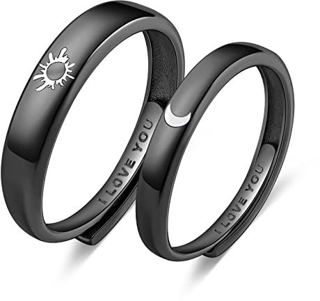 Beydodo Promise Rings For Couples, Friendship Rings Sun and Moon Sterling Silver 925 Black Matching Rings I Love You