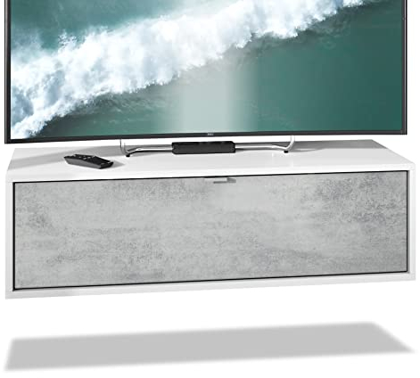 Vladon TV Board Lana 100 Hängeschrank Lowboard 100 x 29 x 37 cm, Made in Germany, Korpus in Weiß matt, Fronten in Beton Oxid Optik | Große Farbauswahl
