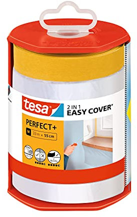 Tesa Easy Cover Perfect+ avec Dérouleur XL - Ruban de Masquage 2-en-1 avec Papier Washi et Dévidoir - Pour des Coupes Nettes et Précises - Avec Couvre-Lame - 33 m x 0,55 m Transparent