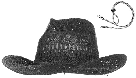 GEMVIE Cowboy Cowgirl Summer Straw Hat Wide Brim Hollow Out Cowboy Beach Sun Hats for Women Ladies Black