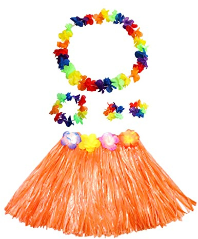 duoyif Hawaii Hula Rock Mit Blumenkette, Hawaiian Gras Hula Rock, Hawaii Outfit Grasröcke Hula Kostüm Für Karneval Strandpartys Sommerfest Cheerleading Neujahr 40cm (Orange)