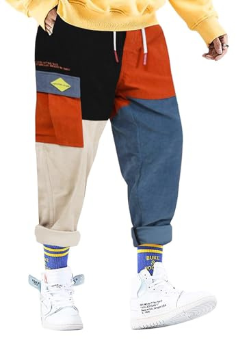 Aelfric Eden Mens Color Patchwork Cargo Pants Multi-Pockets Corduroy Jogger Pants Unisex Casual Vintage Streetwear Trousers Blue Khaki XL