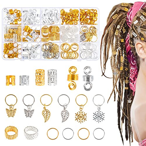 180 Stück Dreadlocks Schmuck Haarringe für Zöpfe Gold Silber, Verstellbar Metall Braids Schmuck Haarperlen Wikinger Haarschmuck Zubehör mit Aufbewahrungsbox für Zöpfe Dekoration und Haarverlängerungen
