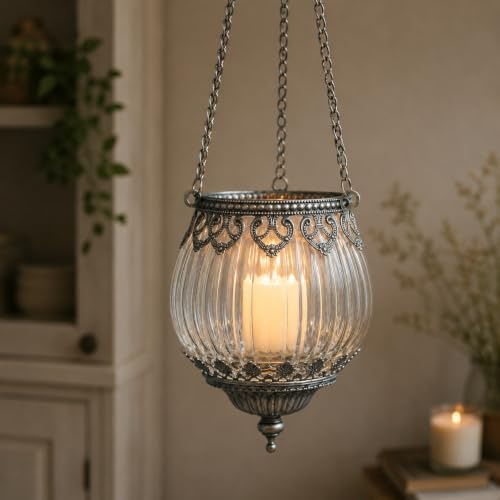 Glass Hanging Ribbed Tea Light Candle Holder Moroccan Lantern Home Decor Metal