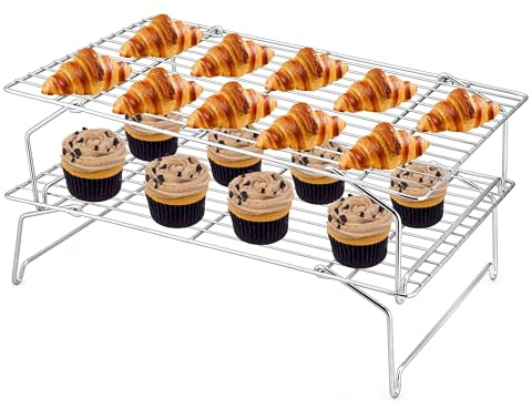 Joyfair 2-Stöckiges Edelstahl Rechteckig Abkühlgitter - 38,1 x 25,9 cm | Kuchengitter für Kekse, Brot und Pizza, Stapelbar, Ungiftig & Gesund, Spülmaschinenfest, Hitzebeständig