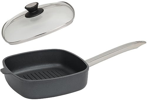 SKK große 2-tlg. Guss Grillpfanne 26x26 cm - Induktion - viereckige Antihaft Steakpfanne mit gerippten Boden & Glasdeckel - Made in Germany