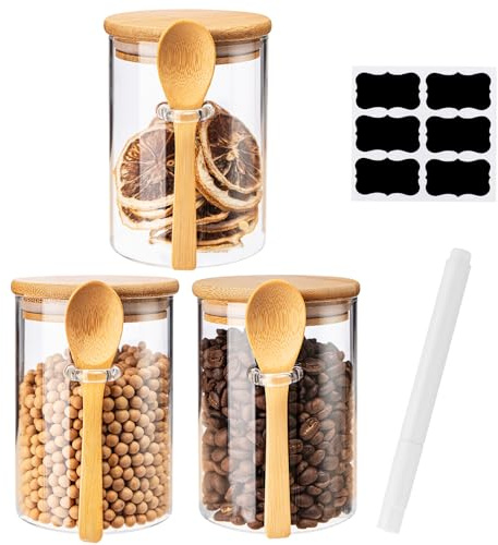 4 Pack Glass Jars with Bamboo Lid and Spoon,530ml Overnight Oats Jars | Kitchen Spice Jars Storage Containers,With Waterproof Label and Marker Pen for Home Storage Cookie Candy Coffee
