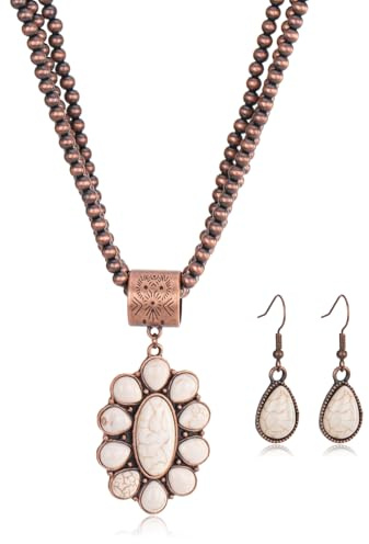 Montana West Rustic Couture's Western Turquoise Pendant Necklace Jewelry Set for Women 2 Pieces Cowgirl Vintage Necklace Earring Set RNS-1005WT