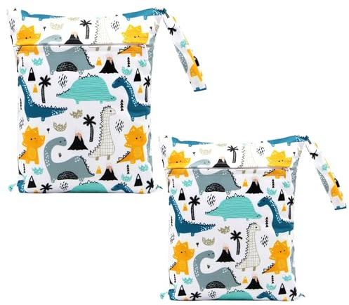 SLEEKEE 2 Stück Windel Aufbewahrungstasche, Dinosaurier gedruckt Windel Tasche, wasserdichte Aufbewahrungstasche, On-The-go-Öko-Tasche, einzelne Reißverschluss Windel Tasche, waschbar Lagerung Tasche