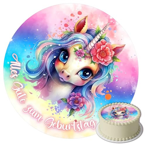 J&M DECO Tortenaufleger Geburtstag - Tortendeko Einhorn Mädchen - Geburtstagskuchen Deko aus Fondant - Rund 20 cm - Esspapier Tortendeko - Tortenaufleger Einhorn - Cake Decoration