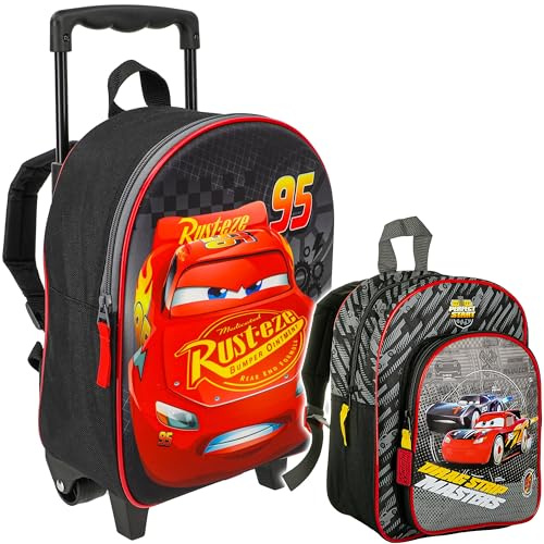 alles-meine.de GmbH 2 TLG. Set: Kinder Trolley & Rucksack - Cars - Auto - Lightning McQueen - 3D Effekt - wasserabweisend & beschichtet - für Mädchen & Jungen - Trolly mit Rollen..