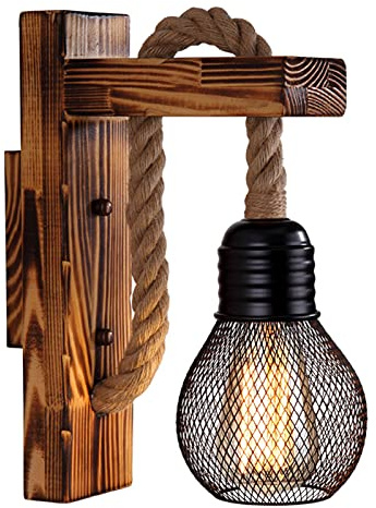 YUNYODA Vintage Wandleuchte Innen E27 Retro Hanfseil mit Holzbalken | Lampenschirm, Industrielle Wandlampe, Lift Riemenscheibe, Für Schlafzimmer, Flur, Restaurant, Bar, Café