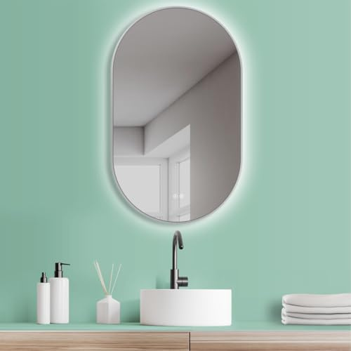 HOKO® Miroir Ovale LED antibuée 60x100/100x60cm avec Cadre Blanc. Montage Vertical/Horizontal. Grand Miroir Mural+Interrupteur Tactile+Changement de lumière LED Chaud-Froid-Neutre 2700-6500k