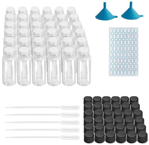 36 transparenta små glasflaskor 5 ml, påfyllningsbara läckagesäkra glasflaskor med klistermärken, miniglasflaskor med droppare och tratt, flaska för eteriska oljor för parfymerad hudvård