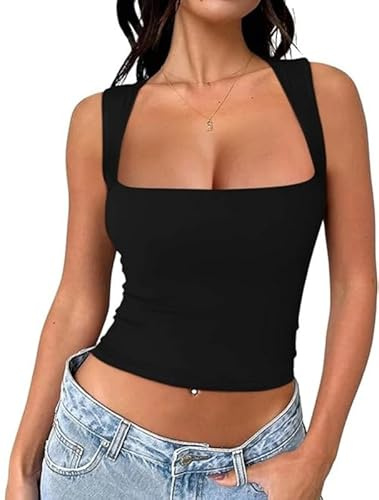 Haibang Canotta Donna Elegante Estive Tank Top Sportiva Sexy Slim Fit Crop Top Senza Maniche Canottiera Corto con Scollo Quadrato Basic Aderente Camicia Casual Elasticizzata Maglietta Moda Y2K Shirt