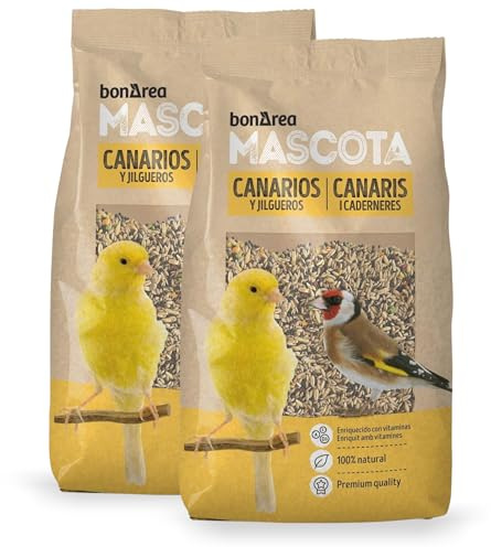 BonÀrea - Mixtura de Semillas - 2 x 1 KG - Canarios y Jilgueros Alimento 100% Natural - Enriquecido con Vitaminas - Alimentación Completa y Equilibrada - Fabricado en España